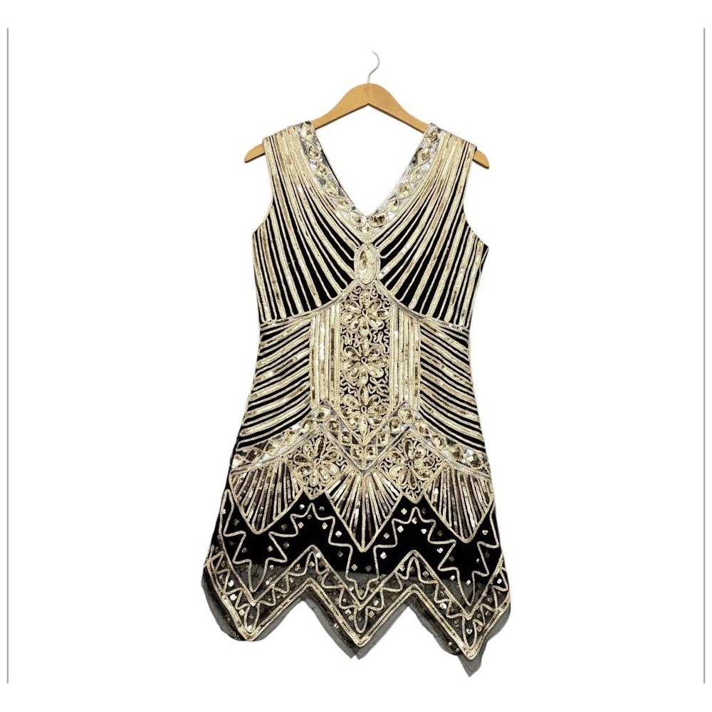 BABEYOND Flapper Cocktail Vintage Era Black Gold Sequin Dress Great Gatsby XL